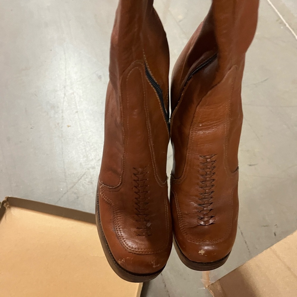 Brown Leather Heeled Tall Boots woven Detail Sz 6